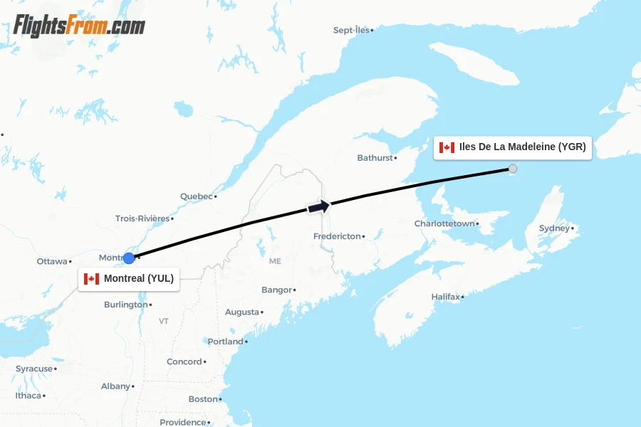 Flights from Montreal to Iles De La Madeleine route map