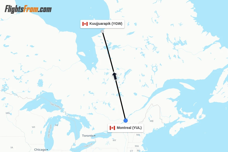 Flights from Montreal to Kuujjuarapik route map