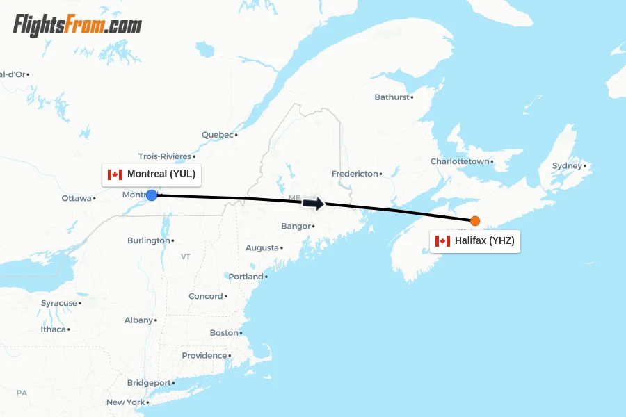 Flights from Montreal to Halifax route map