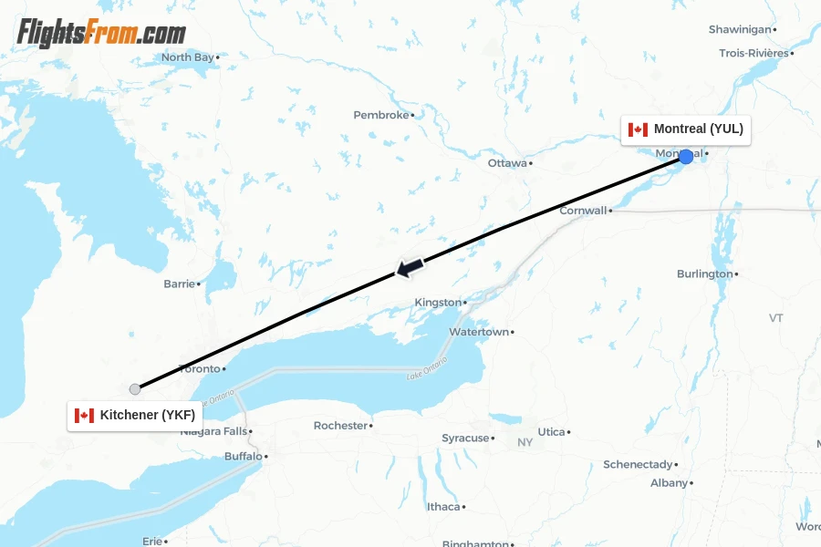 Flights from Montreal to Kitchener route map