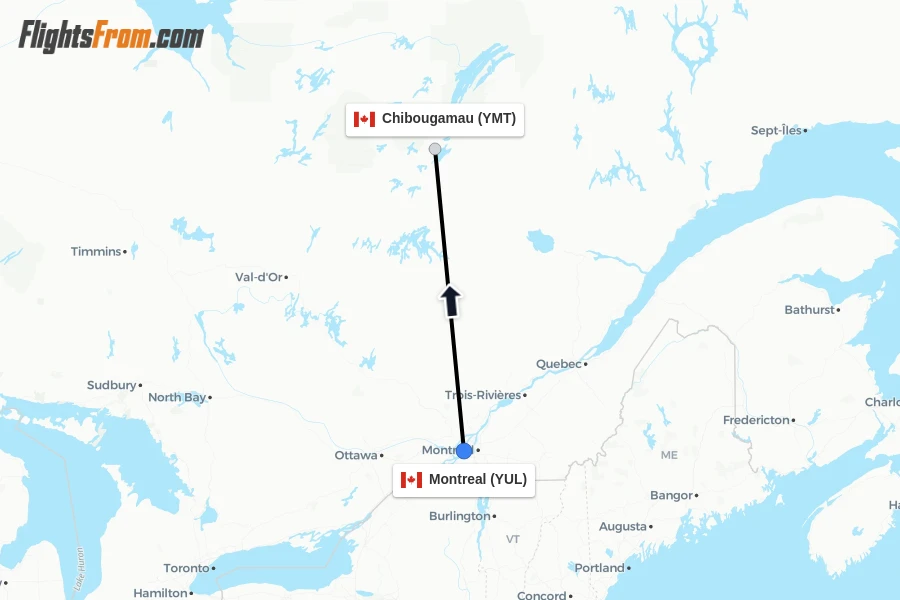 Flights from Montreal to Chibougamau route map