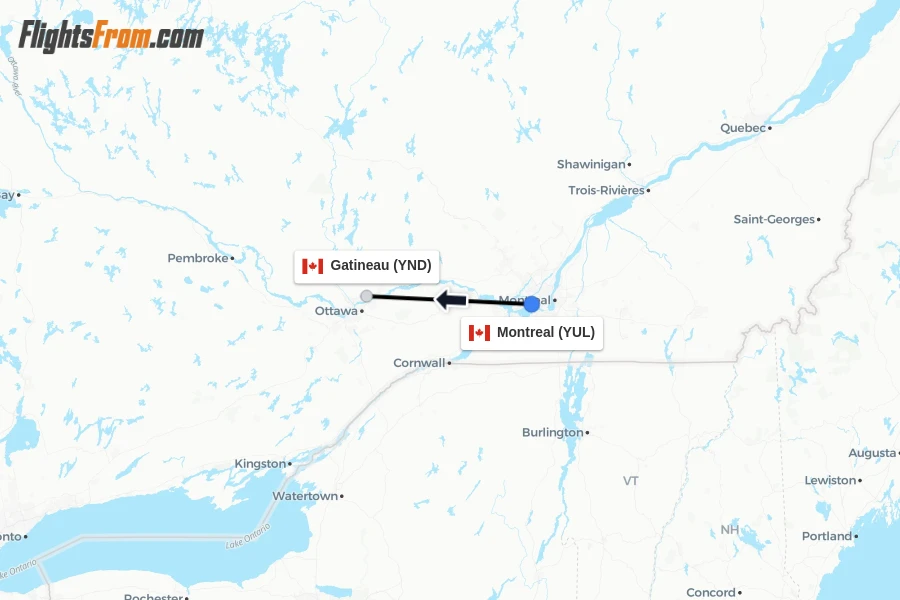 Flights from Montreal to Gatineau route map