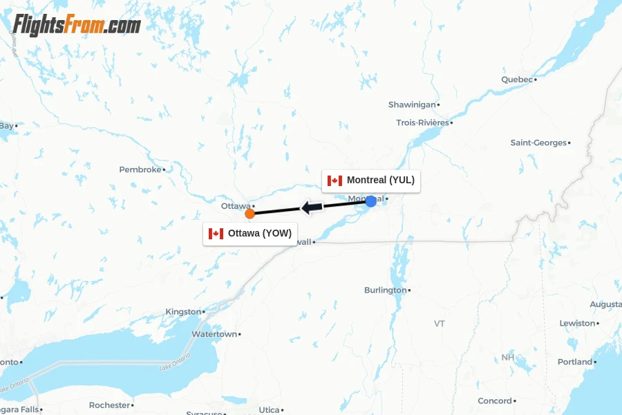 Flights from Montreal to Ottawa route map