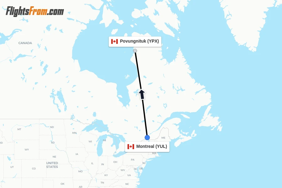Flights from Montreal to Povungnituk route map