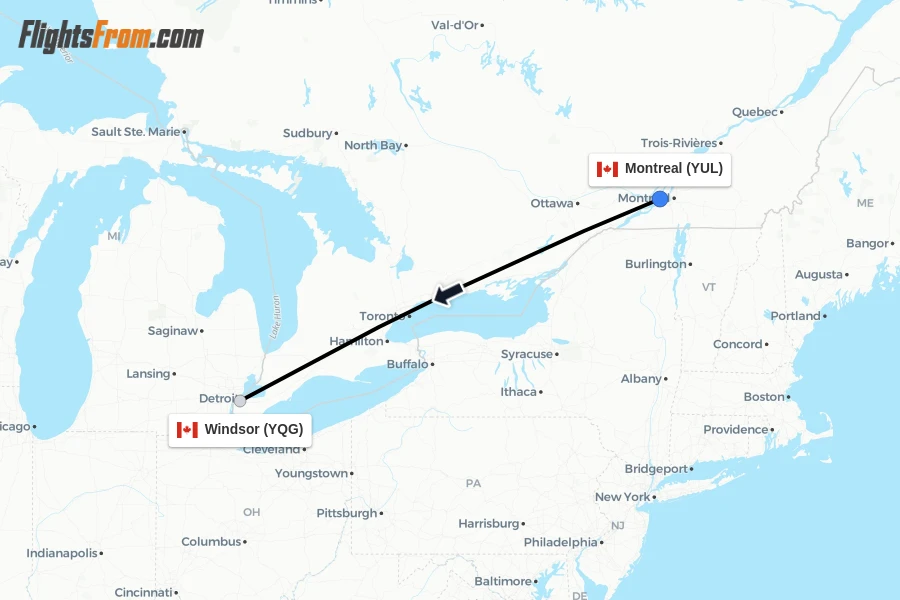 Flights from Montreal to Windsor route map