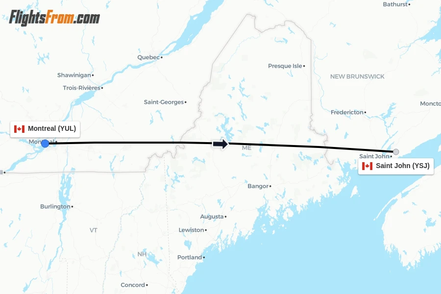 Flights from Montreal to Saint John route map