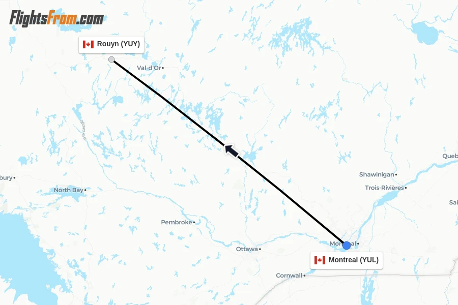 Flights from Montreal to Rouyn route map