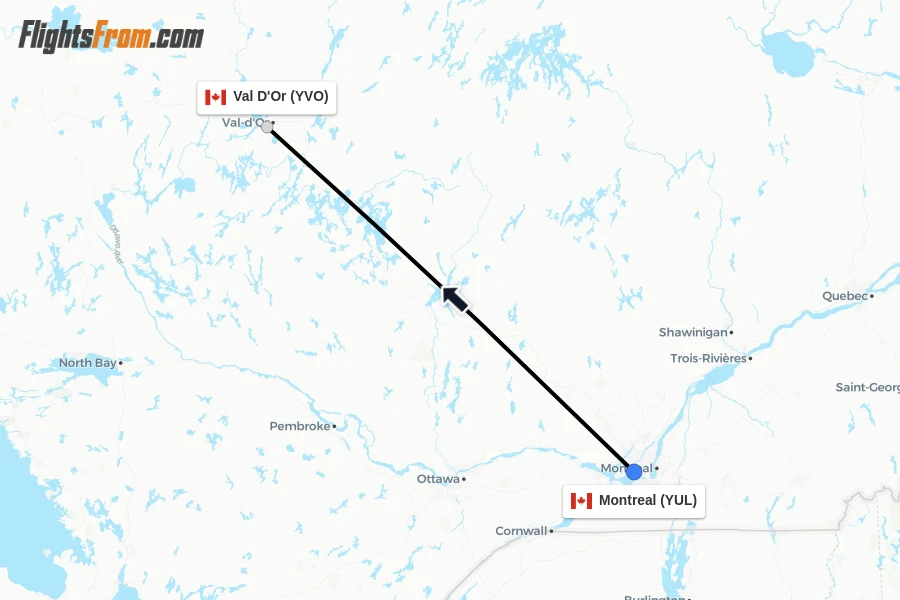 Flights from Montreal to Val D'Or route map