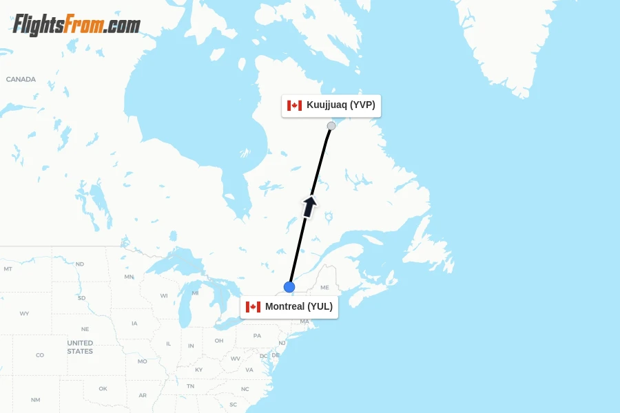 Flights from Montreal to Kuujjuaq route map