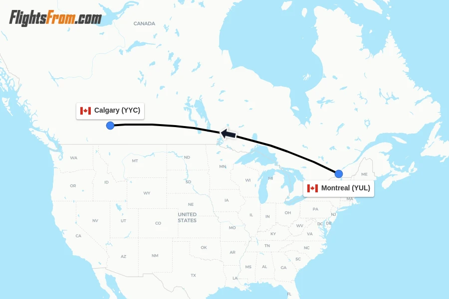 Flights from Montreal to Calgary route map