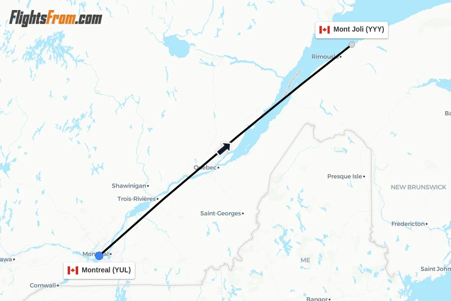 Flights from Montreal to Mont Joli route map