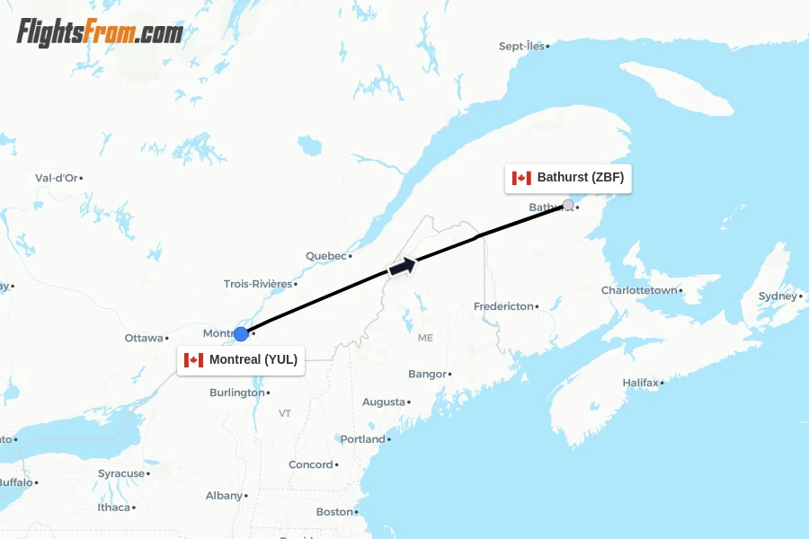 Flights from Montreal to Bathurst route map
