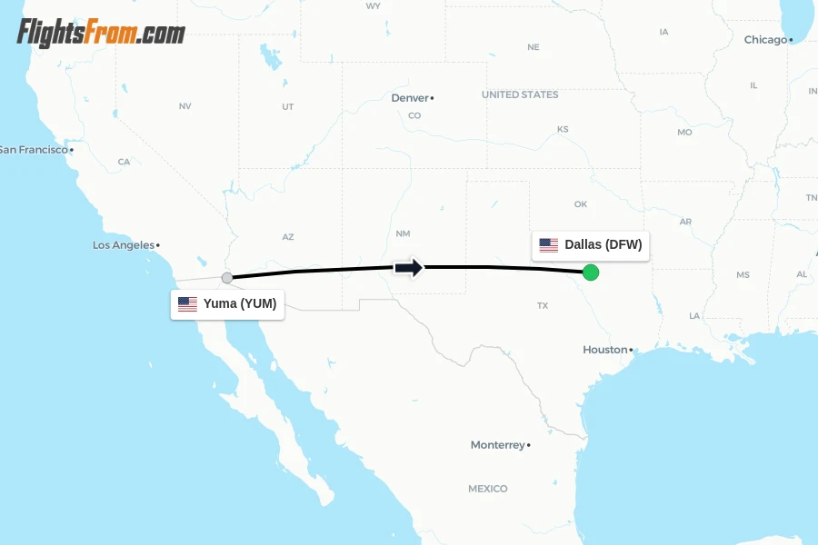 Flights from Yuma to Dallas route map