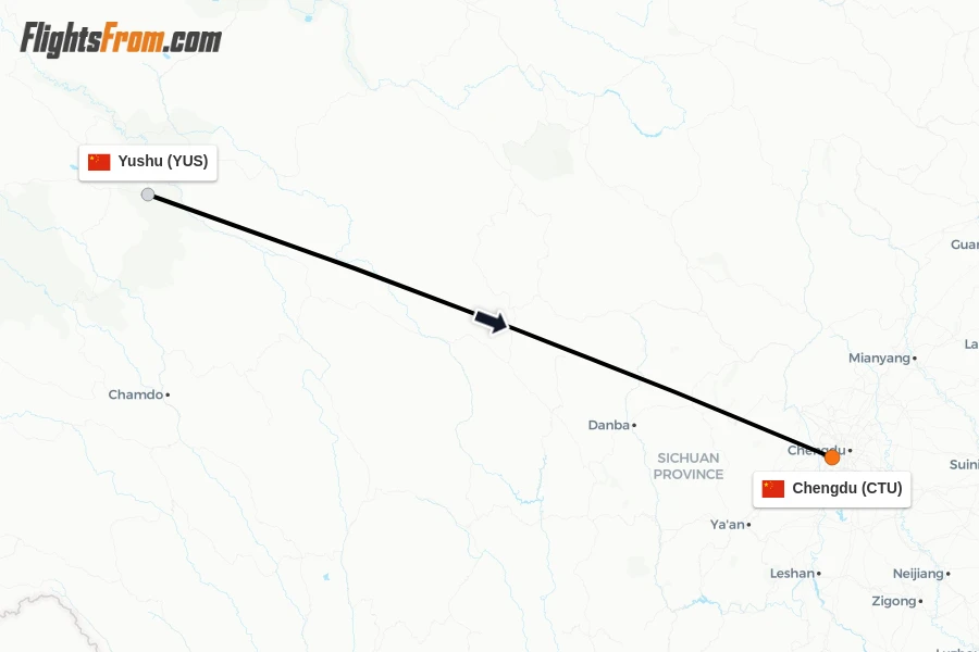 Flights from Yushu to Chengdu route map
