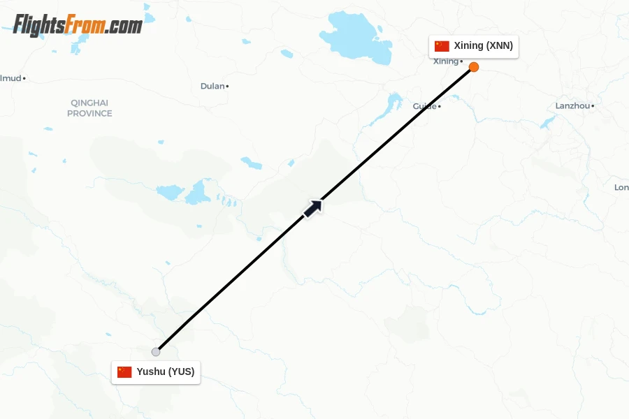 Flights from Yushu to Xining route map