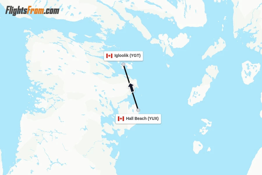 Flights from Hall Beach to Igloolik route map