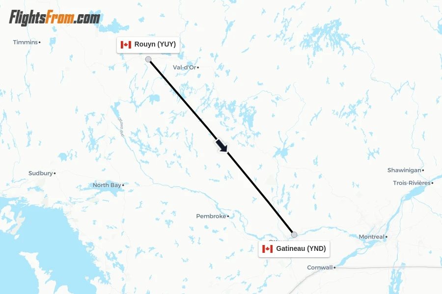 Flights from Rouyn to Gatineau route map