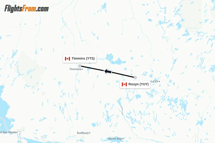 Flights from Rouyn to Timmins route map