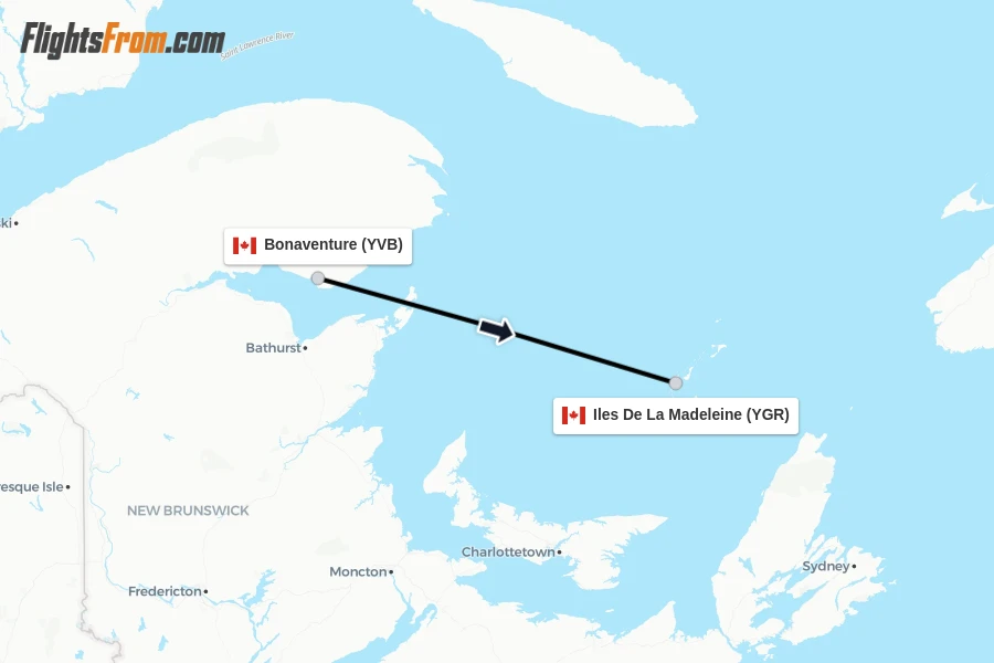 Flights from Bonaventure to Iles De La Madeleine route map