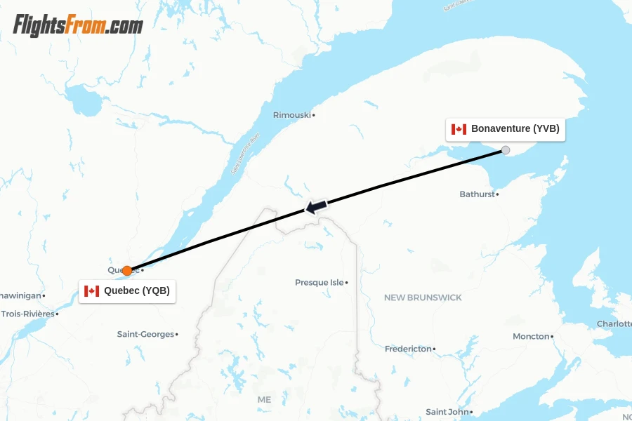 Flights from Bonaventure to Quebec route map