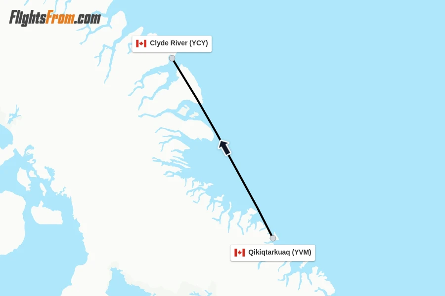 Flights from Qikiqtarkuaq to Clyde River route map