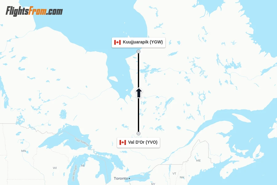 Flights from Val D'Or to Kuujjuarapik route map