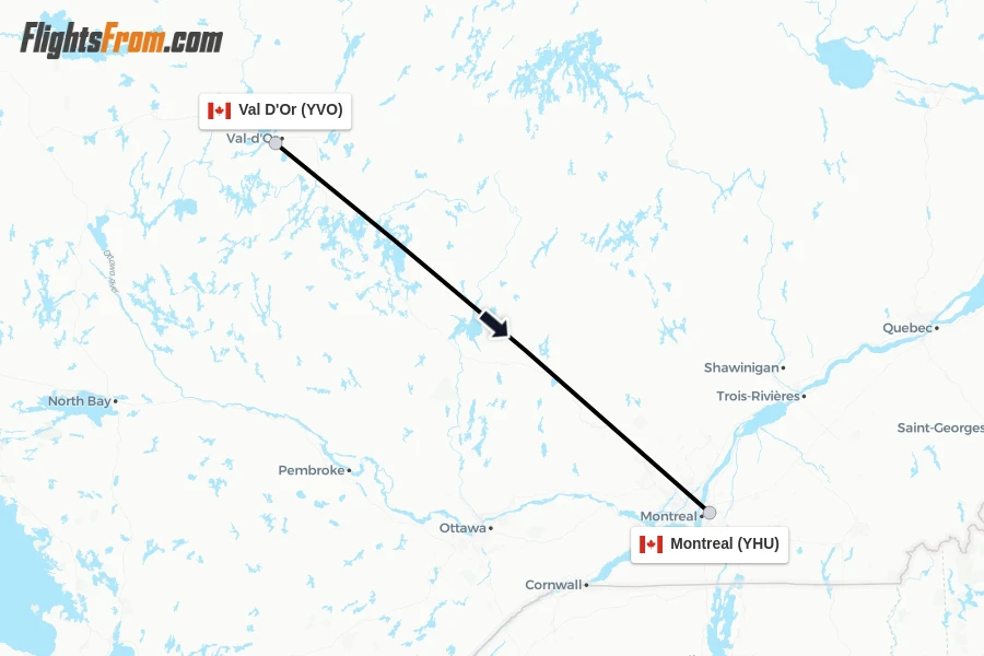 Flights from Val D'Or to Montreal route map