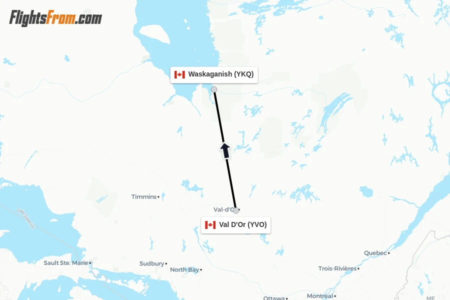 Flights from Val D'Or to Waskaganish route map