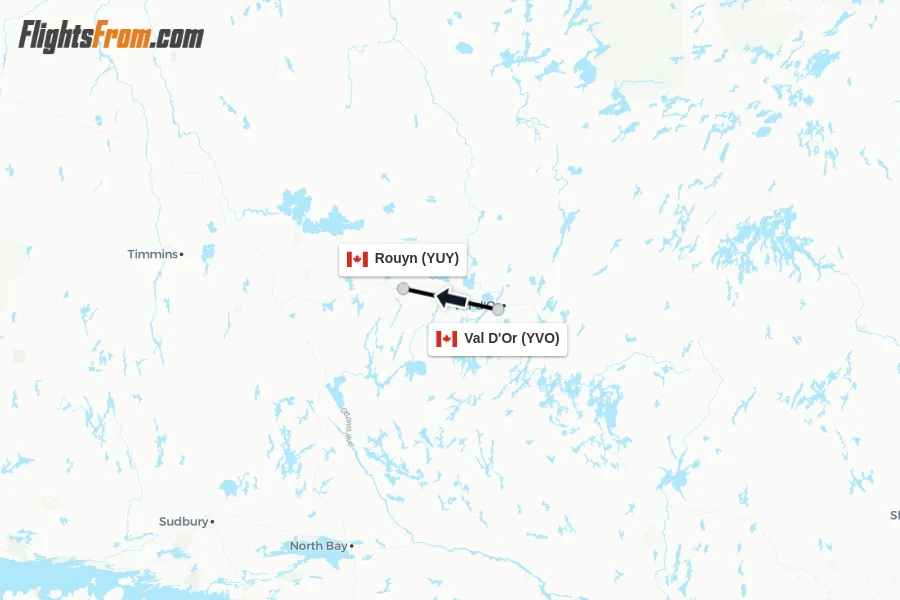 Flights from Val D'Or to Rouyn route map