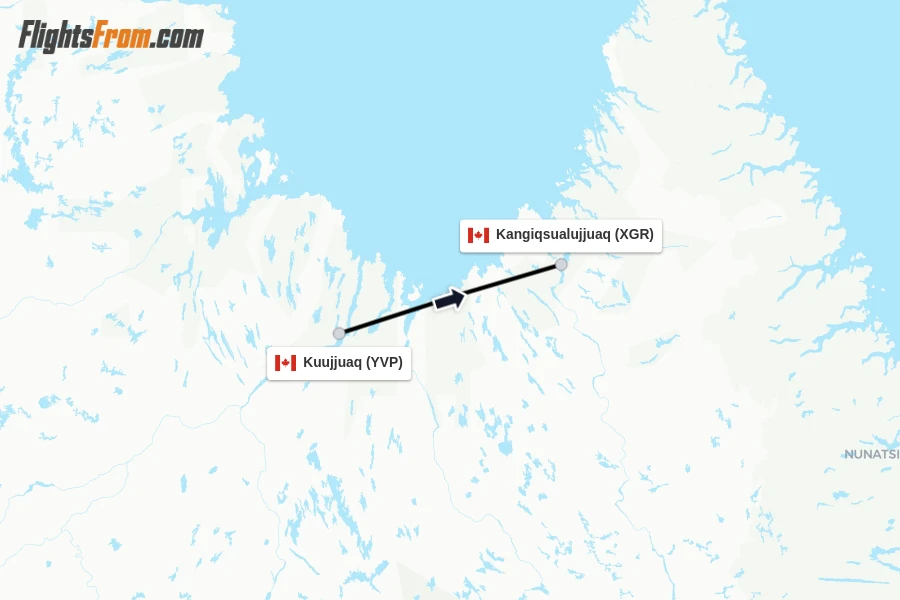 Flights from Kuujjuaq to Kangiqsualujjuaq route map