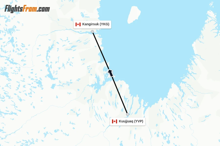 Flights from Kuujjuaq to Kangirsuk route map