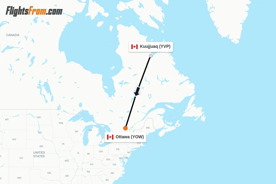 Flights from Kuujjuaq to Ottawa route map