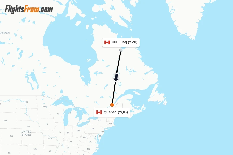 Flights from Kuujjuaq to Quebec route map
