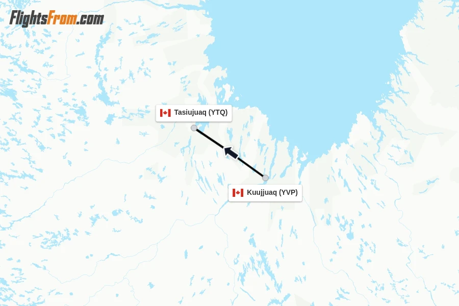 Flights from Kuujjuaq to Tasiujuaq route map