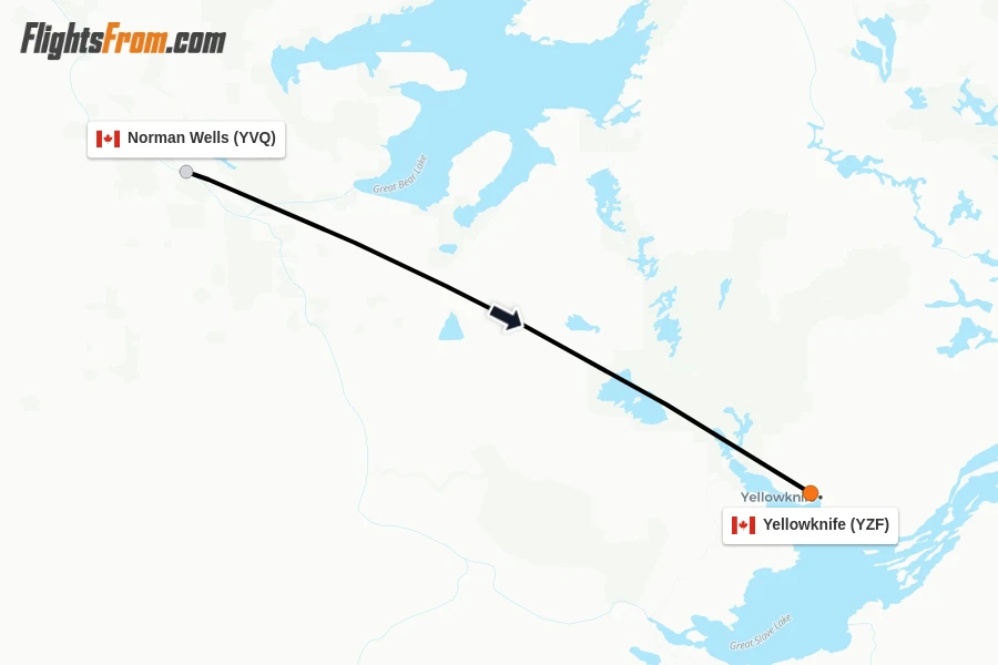 Flights from Norman Wells to Yellowknife route map