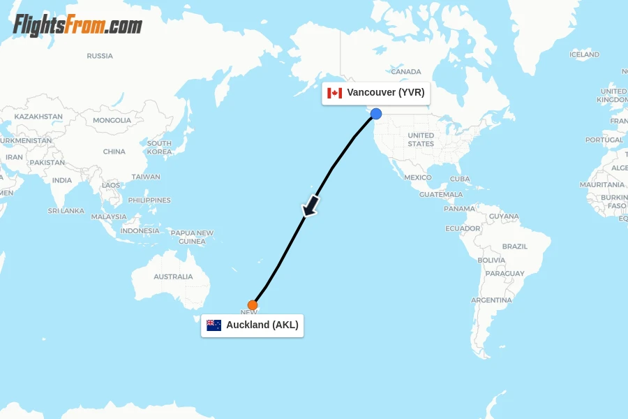Flights from Vancouver to Auckland route map