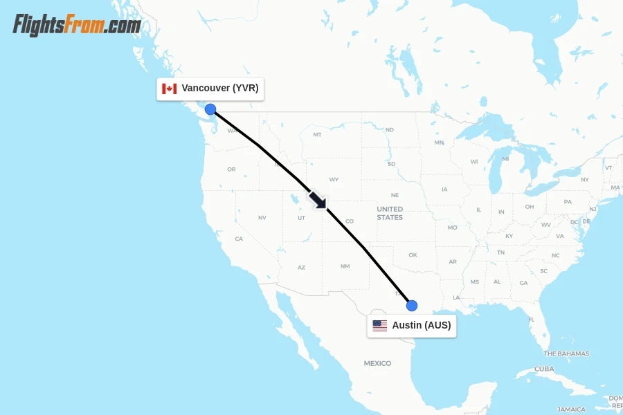 Flights from Vancouver to Austin route map
