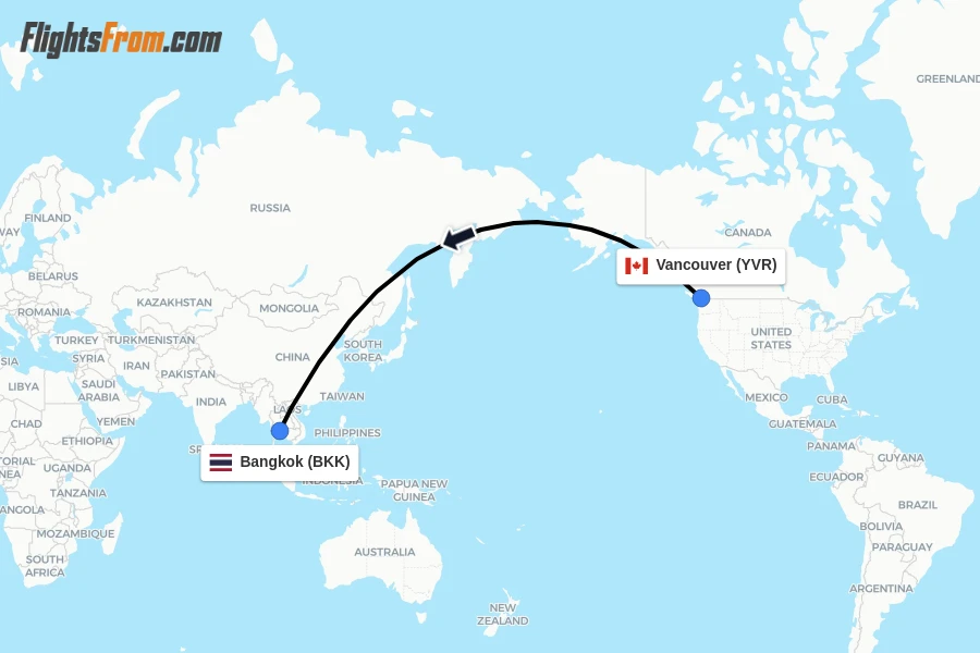 Flights from Vancouver to Bangkok route map