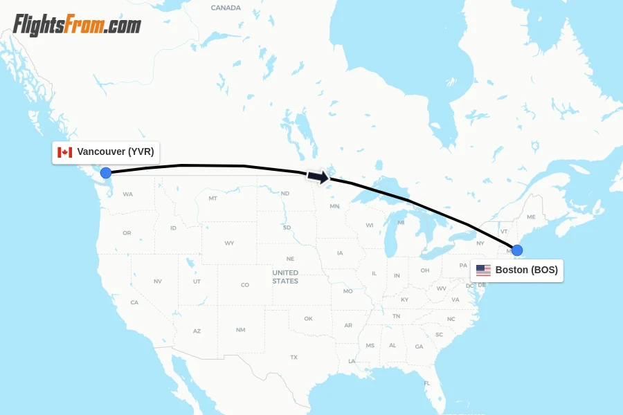 Flights from Vancouver to Boston route map