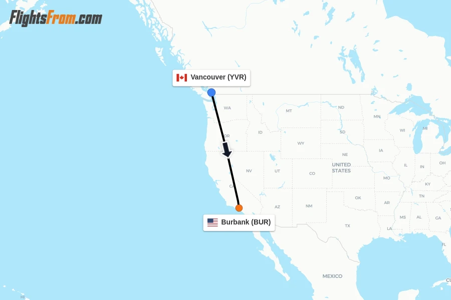 Flights from Vancouver to Burbank route map