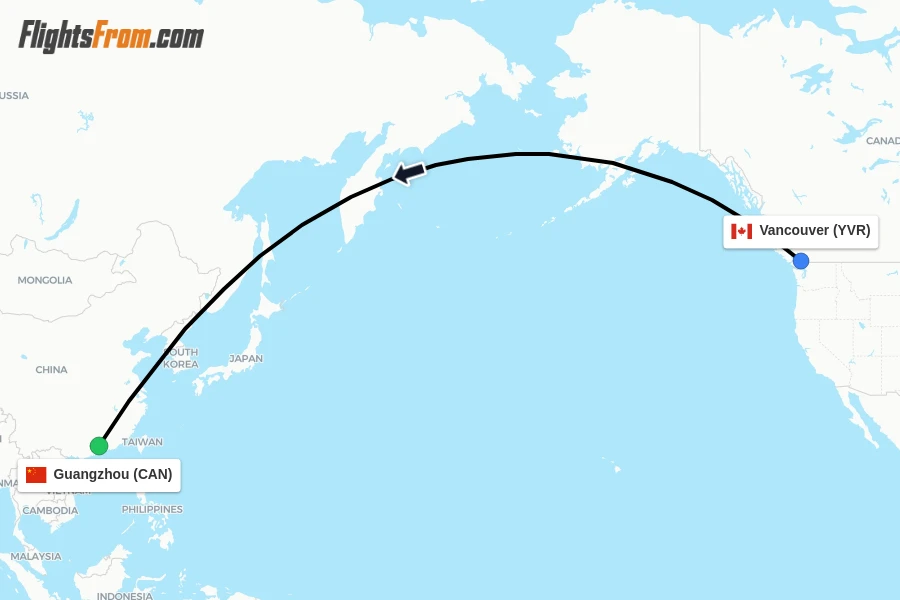 Flights from Vancouver to Guangzhou route map