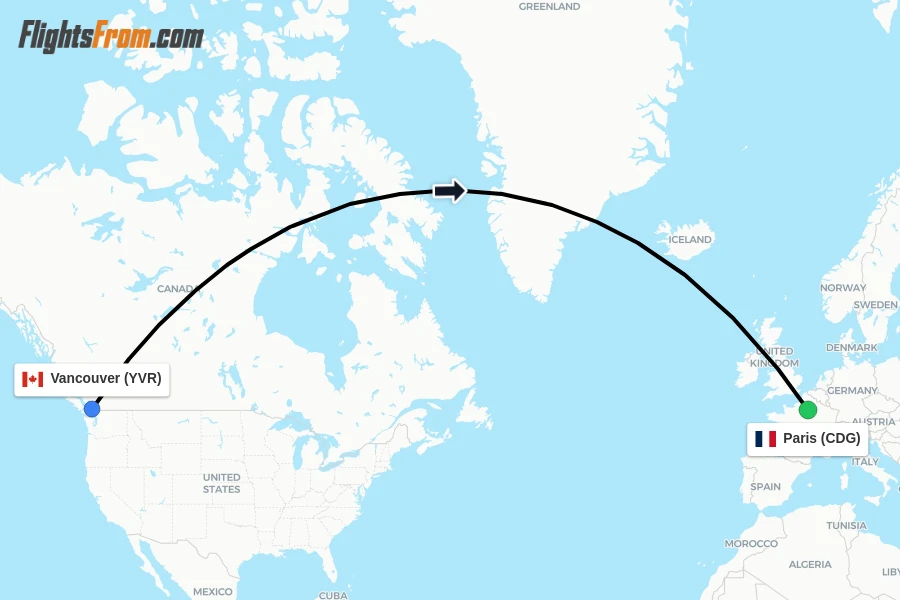 Flights from Vancouver to Paris route map