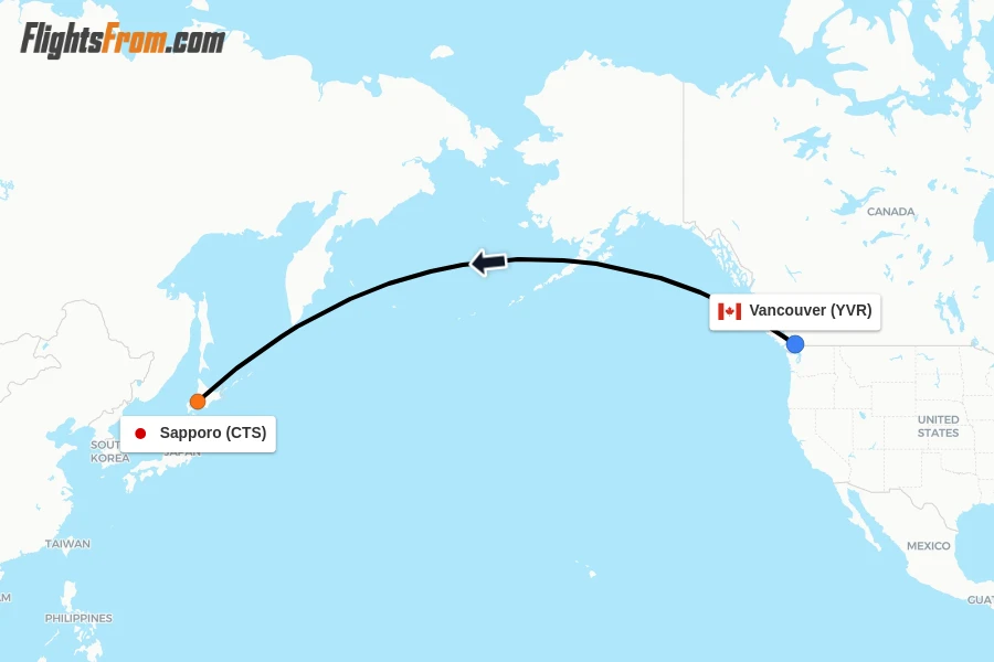 Flights from Vancouver to Sapporo route map