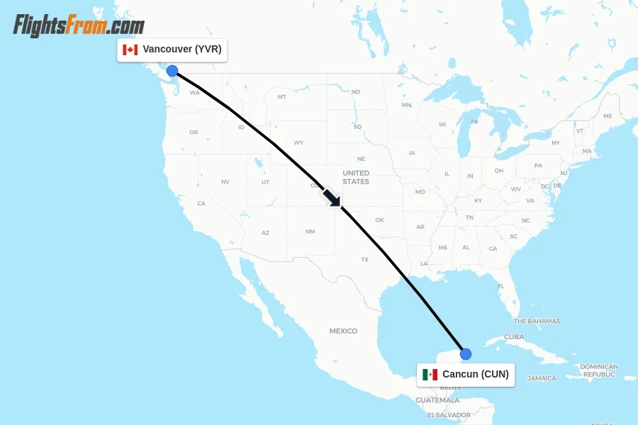 Flights from Vancouver to Cancun route map