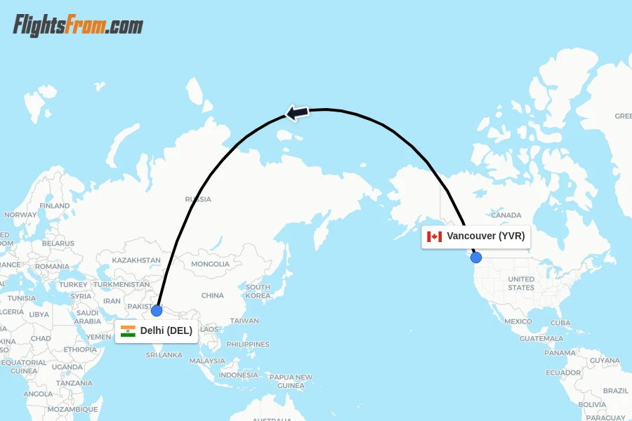 Flights from Vancouver to Delhi route map