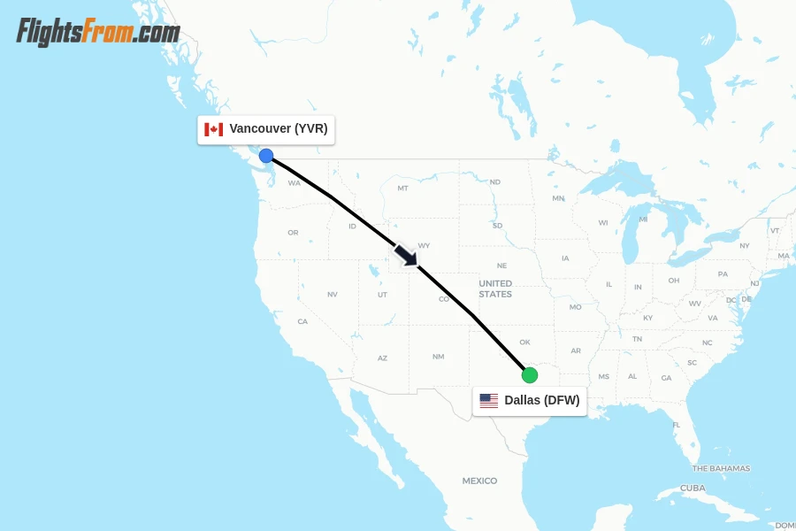 Flights from Vancouver to Dallas route map