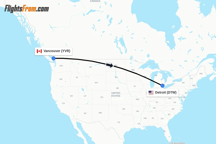 Flights from Vancouver to Detroit route map