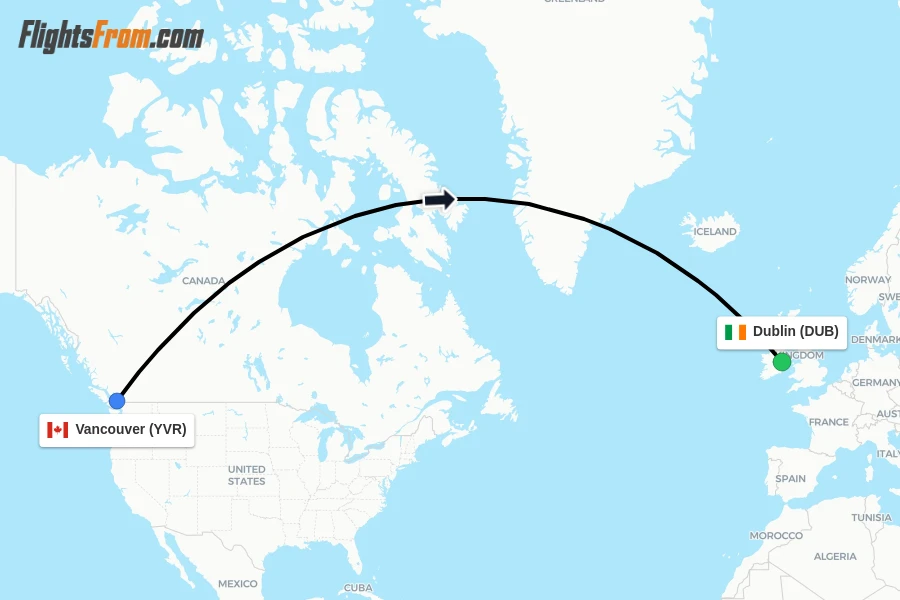 Flights from Vancouver to Dublin route map