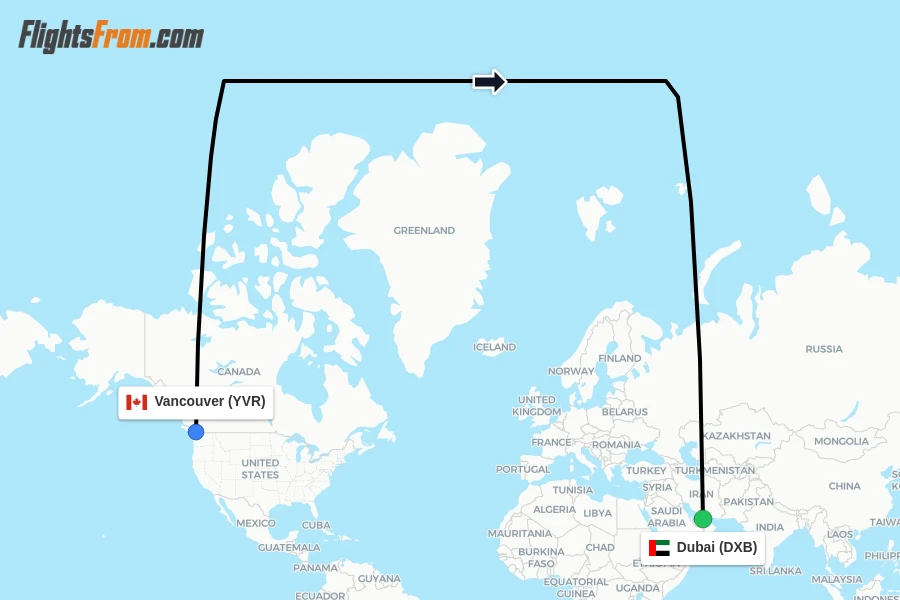 Flights from Vancouver to Dubai route map