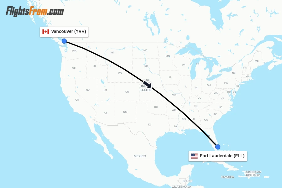 Flights from Vancouver to Fort Lauderdale route map
